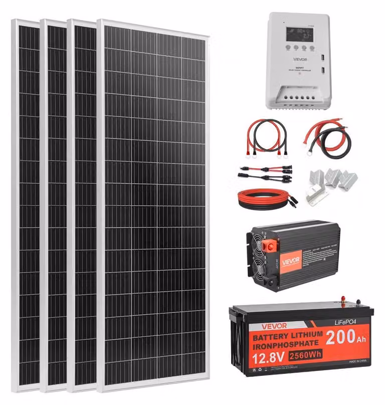 Kit completo per sistema di energia solare: pannelli solari da 400 W, batteria LiFePO4 da 12,8 V e 200 Ah