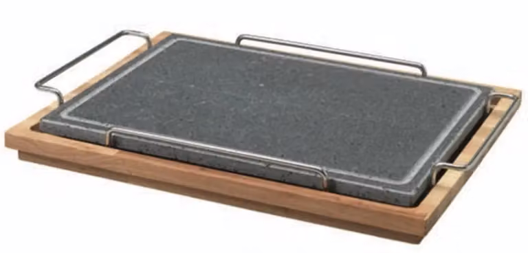 Pietra rettangolare con supporto in acciaio e basamento in legno, 29x40cm