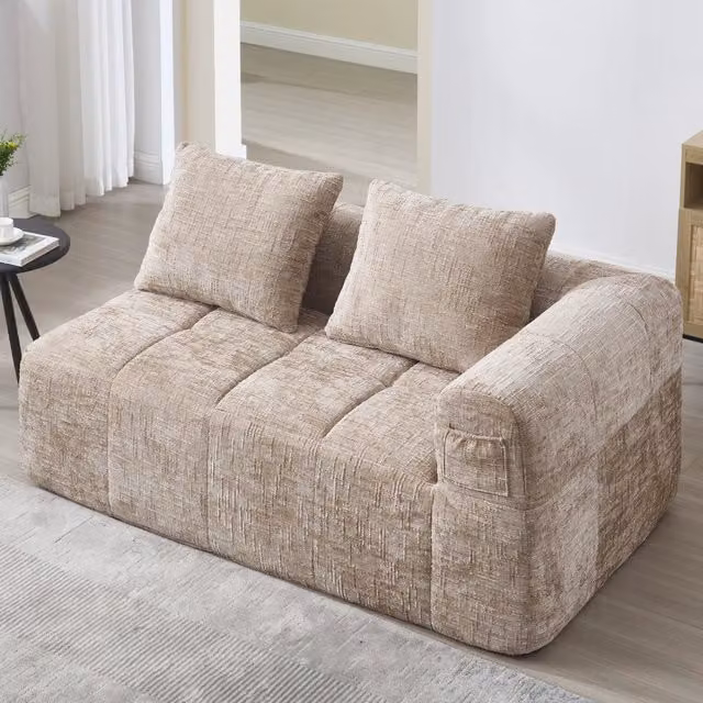 Divano 2 Posti con Cuscini e Tasche Laterali ¨C MINIMAL ¨C Tessuto Beige