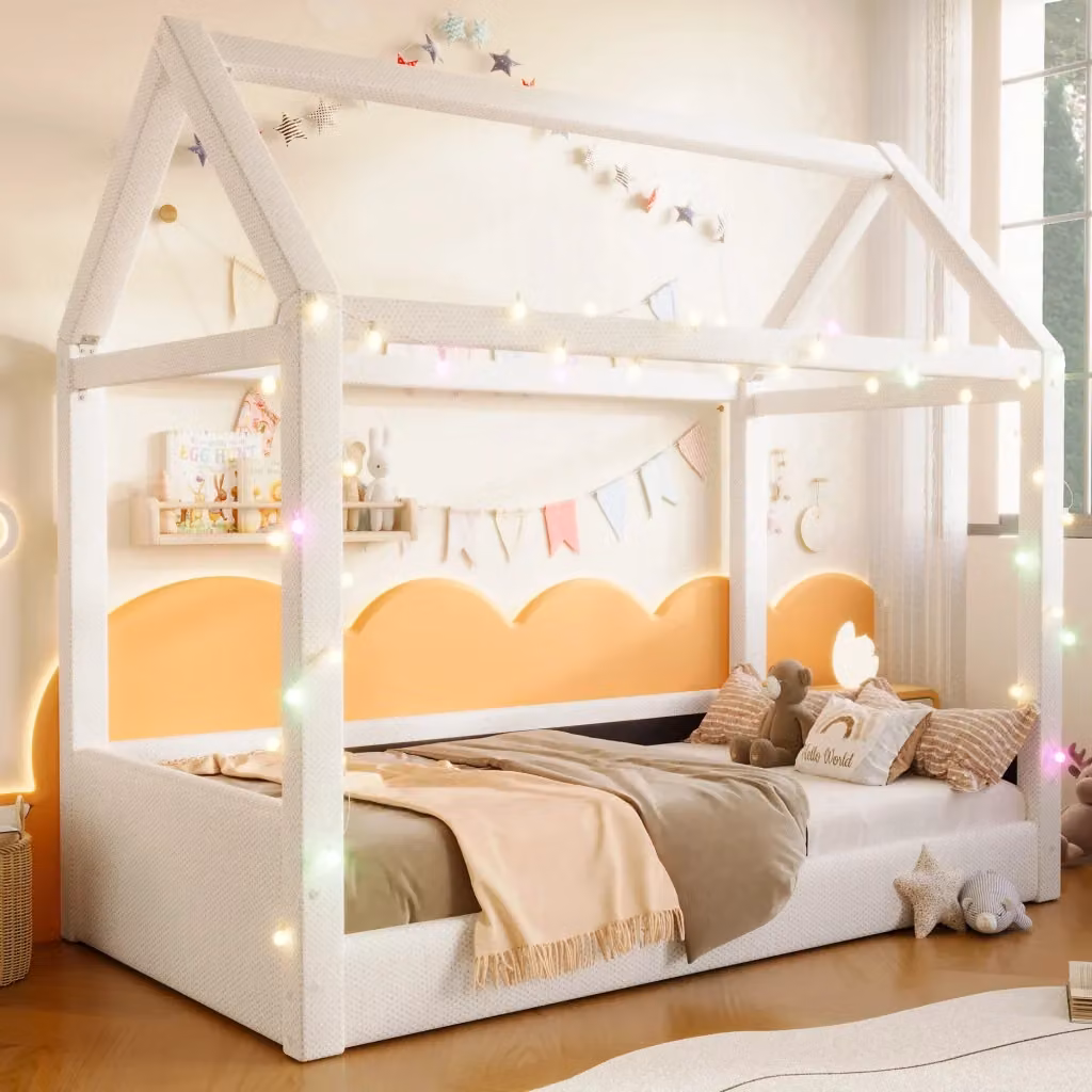 Letto a casetta Mivray per bambini in lino beige con illuminazione LED e rete a 12 doghe L/P/H: 207.5 x 90 x 120 cm – 2