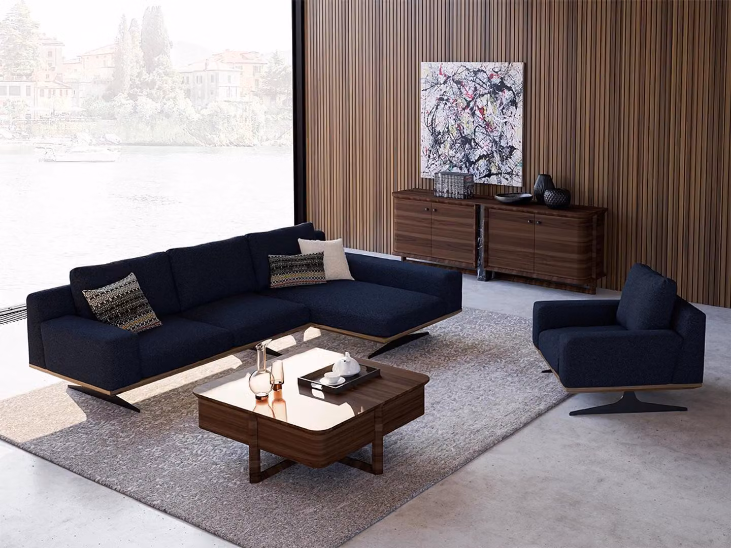 Modern Blau Designer Wohnzimmer Einrichtung Polstersofa Luxus Polster Textil