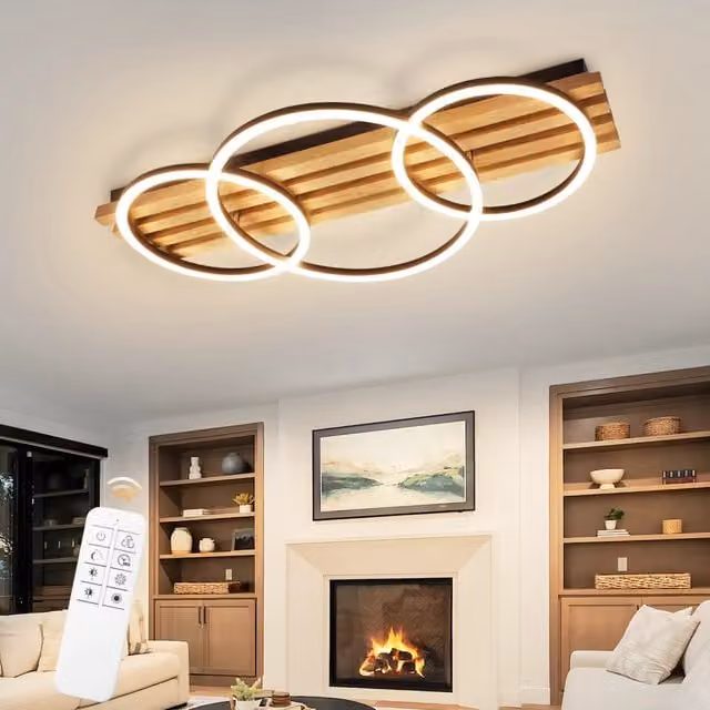 ZMH Lampada da soffitto LED moderna con 3 anelli in legno e metallo, nero, dimmerabile con telecomando, diametro 70 cm, 46W