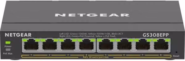 Switch Netgear GS308EPP Gigabit Ethernet Gestito L2/L3 con supporto PoE Nero