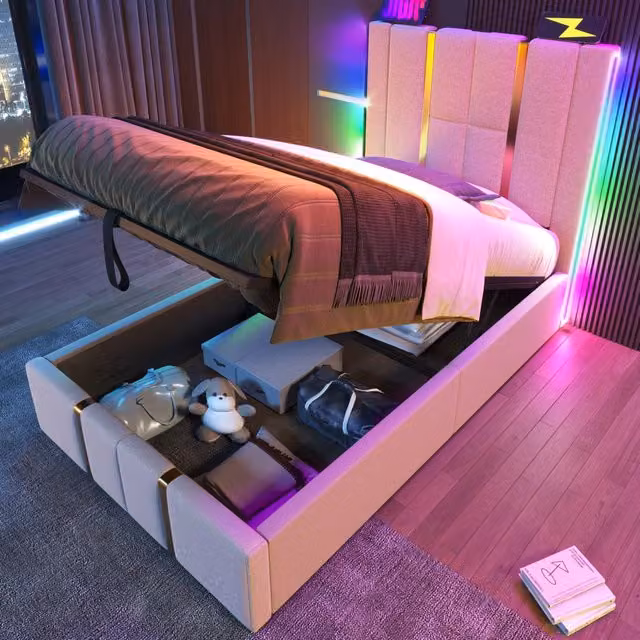 Letto singolo imbottito 90x200 cm con ricarica USB Type-C, App-Control LED, contenitore, rete a doghe in legno - Beige in lino (Senza materasso)