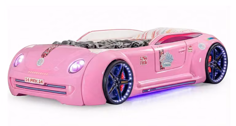 Macchina da corsa rosa moderna per bambine, con luci LED ed effetti sonori