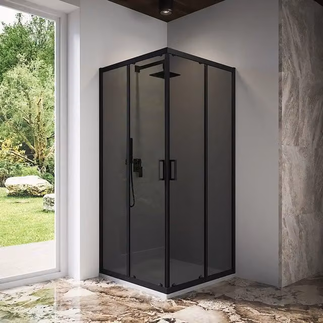 Box doccia 90x90 cm angolare scorrevole profili nero opaco vetro 6mm fumè h185 | Tonga