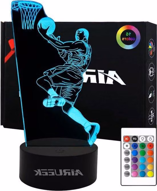Lampada da comodino per bambini con design a forma di palla da basket 3D, 16 colori, telecomando, tecnologia LED, colore bianco, dimensioni compatte