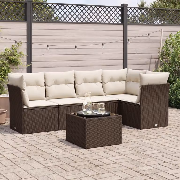 Set Divano da Giardino 6 pz vidaXL in Polyrattan Marrone con Cuscini e Tavolino da Esterno