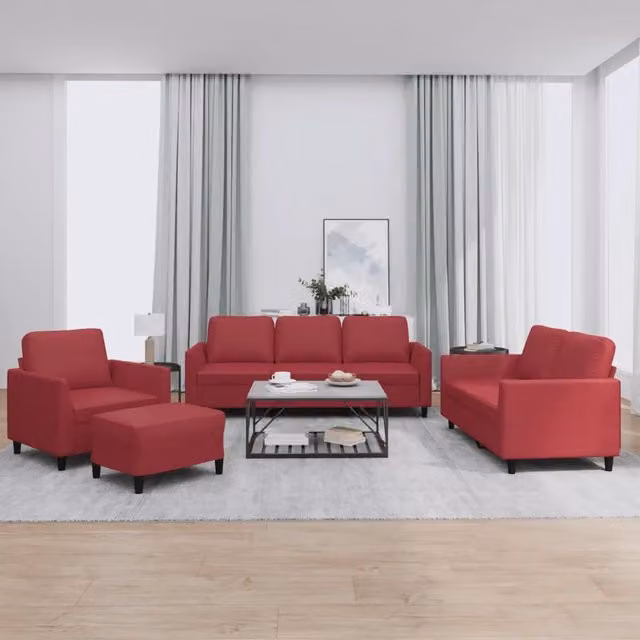 Set di divani moderno vidaXL in similpelle rosso con pouf e cuscini per soggiorno – 1