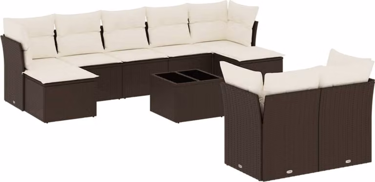 Set Divani da Giardino 10pz con Cuscini in Polyrattan Marrone