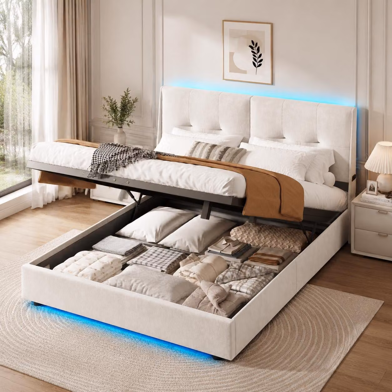 Letto imbottito INONEFT, 160x200 cm, con illuminazione LED, letto matrimoniale con 2 tasche laterali, letto con molle insacchettate e contenitore a sollevamento idraulico, rivestito in velluto, color beige