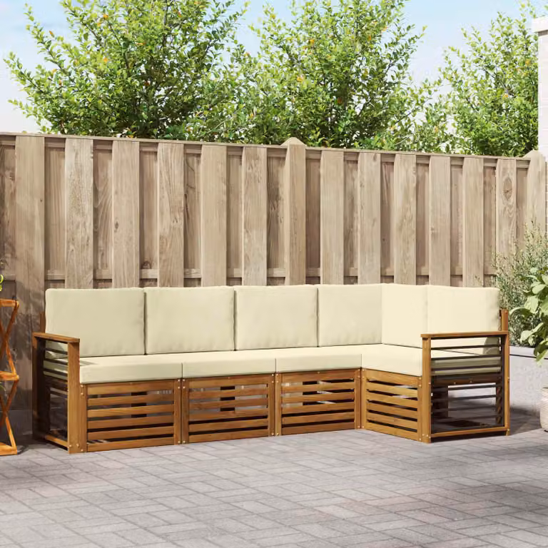Set di divani da esterno vidaXL a forma di L in legno di acacia con cuscini beige e bianchi