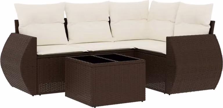 Set Divano da Giardino 5 pz con Cuscini Marrone in Polyrattan