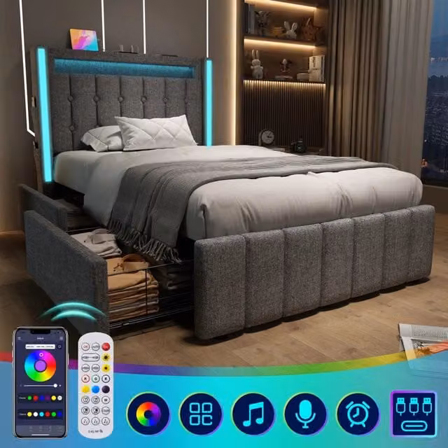 Letto singolo – 90x200 cm – USBC LED 2 cassetti – legno grigio