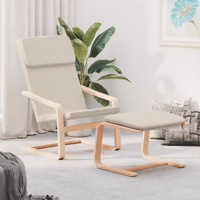 Poltrona Relax con Poggiapiedi in Tessuto Beige e Struttura in Legno di Betulla 954715