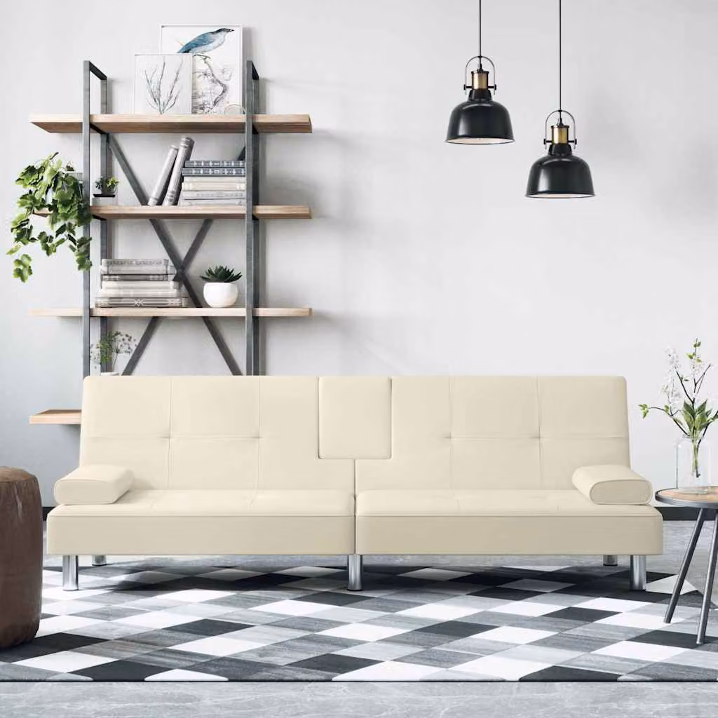 vidaXL Divano Letto Moderno in Similpelle Beige con Portabicchieri