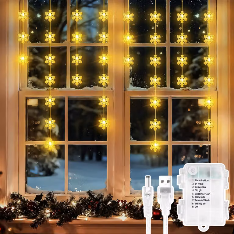 Tenda luminosa a forma di fiocchi di neve, 50 LED, luce bianco caldo, timer, grado di protezione IP65