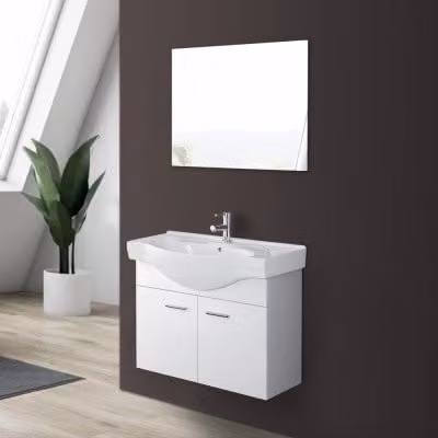 Mobile bagno sospeso bianco lucido con mobile lavabo e armadietto specchio Desya L: 82 cm, P: 35,6 cm, H: 65,5 cm