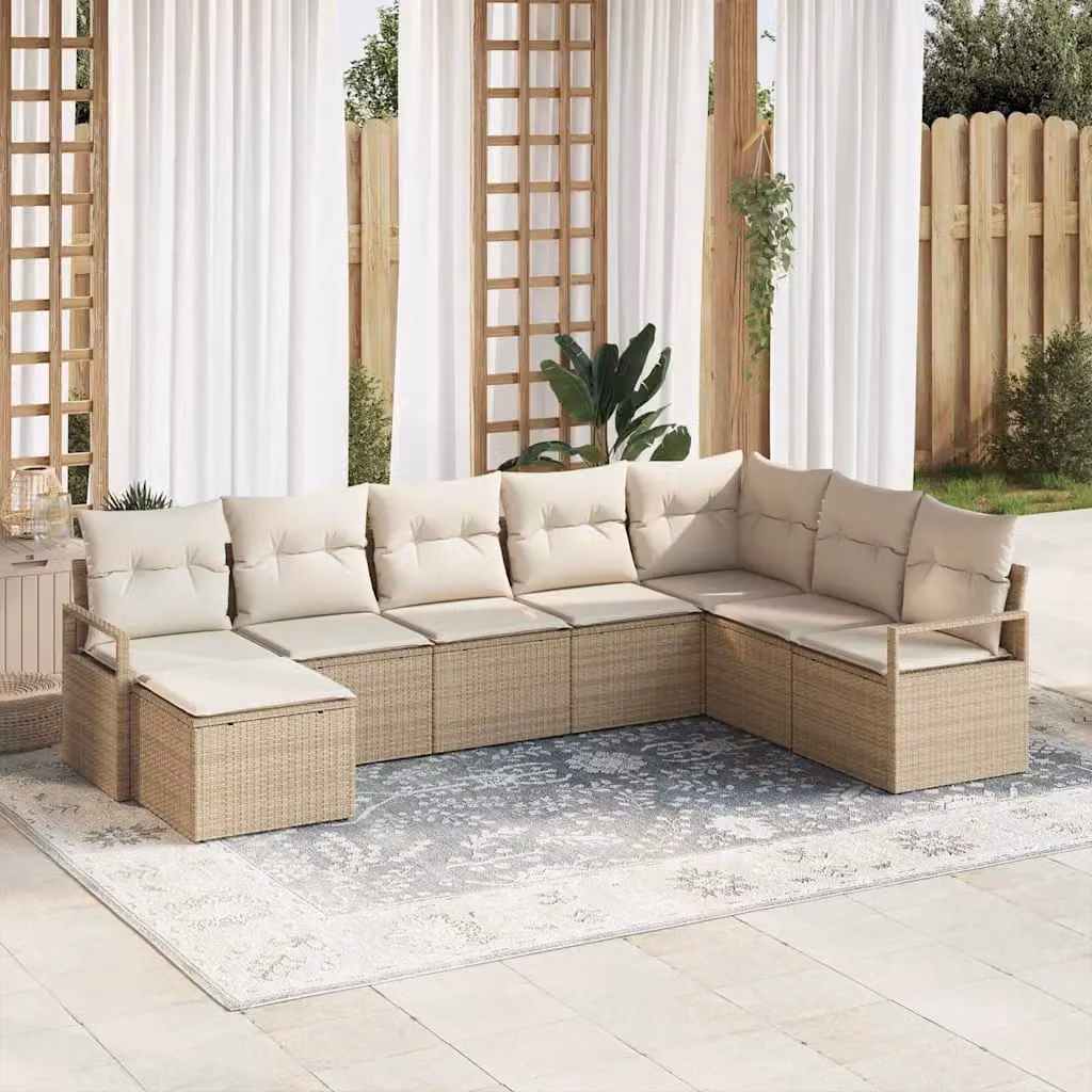 Set di divani da giardino vidaXL in polyrattan beige con cuscini e tavolino da esterno, 8 pezzi – 1