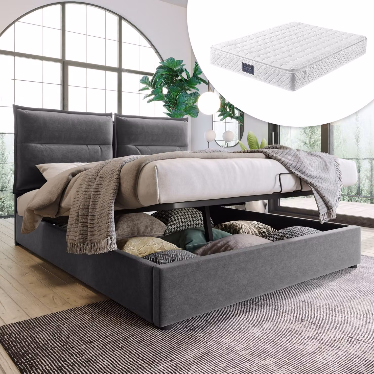Sweiko Letto a molle idrauliche Letto imbottito Testata regolabile con rete a doghe Letto contenitore Letto matrimoniale in velluto 140*200cm Grigio (con materasso)