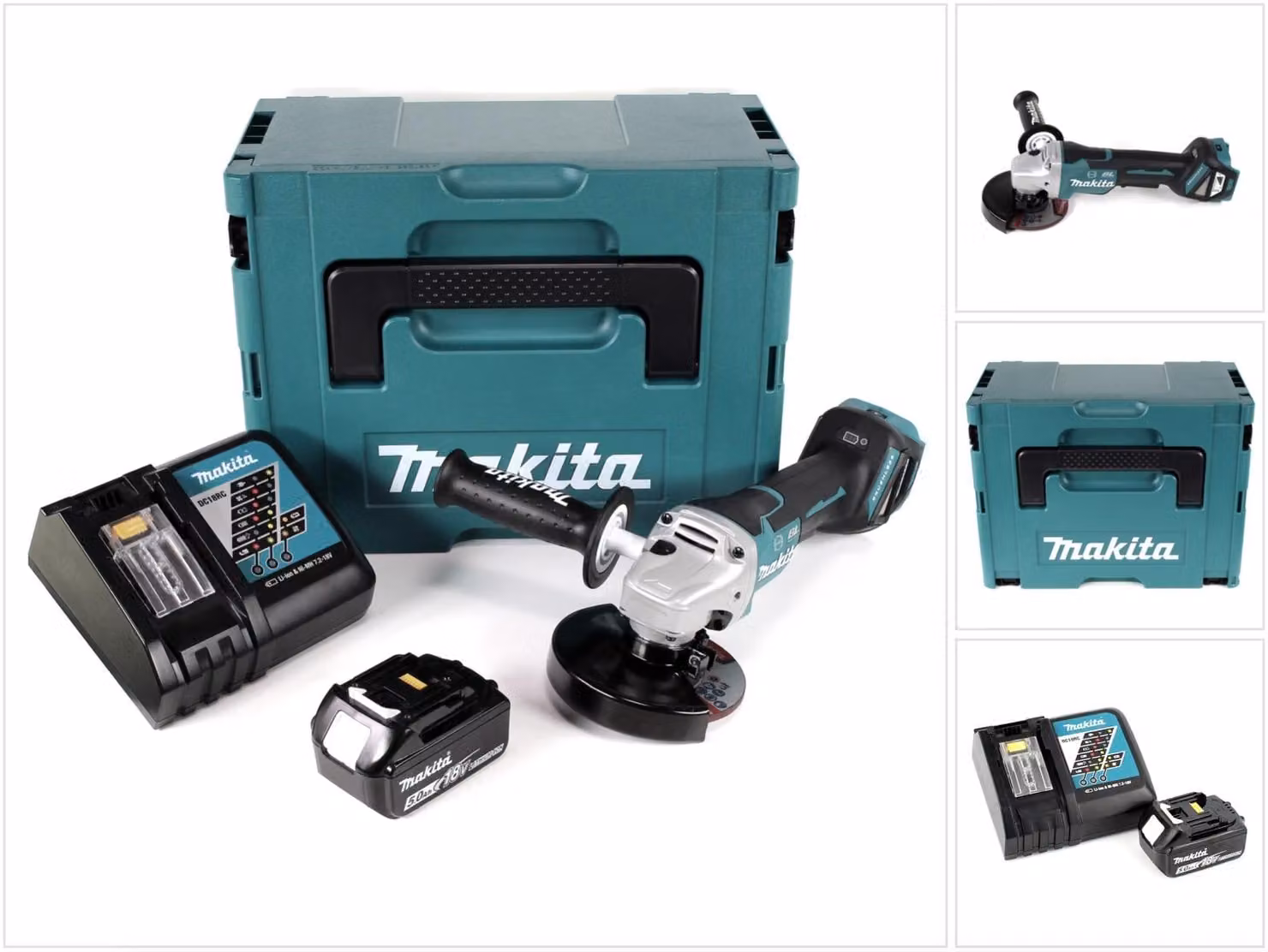 Makita DGA 517 RT1J Smerigliatrice angolare a batteria 18V 125mm in valigetta Makpac + 1x Batteria BL1850 5,0Ah + - 1x Caricabatterie DC 18 RC