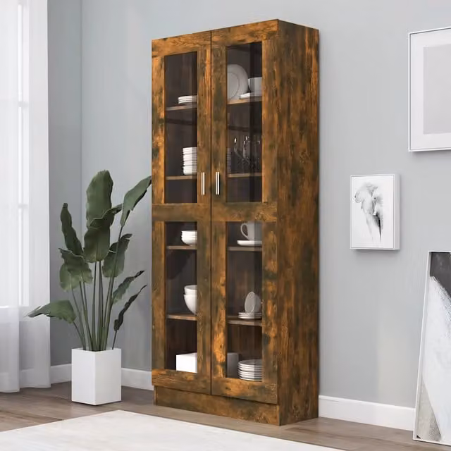 Mobile Vetrina vidaXL in Rovere Marrone con Ante in Vetro e Ripiani Interni L: 82,5 cm, P: 30,5 cm, H: 185 cm – 1