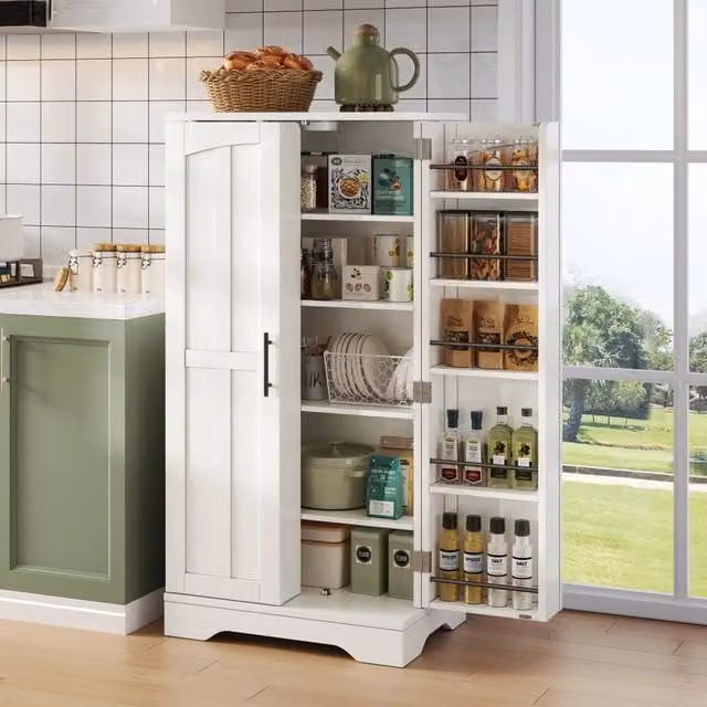 Armadio da cucina bianco 120x60x40 cm, 2 ante con ripiani regolabili e mensole porta, luce LED a sensore, per cucina, sala da pranzo o soggiorno