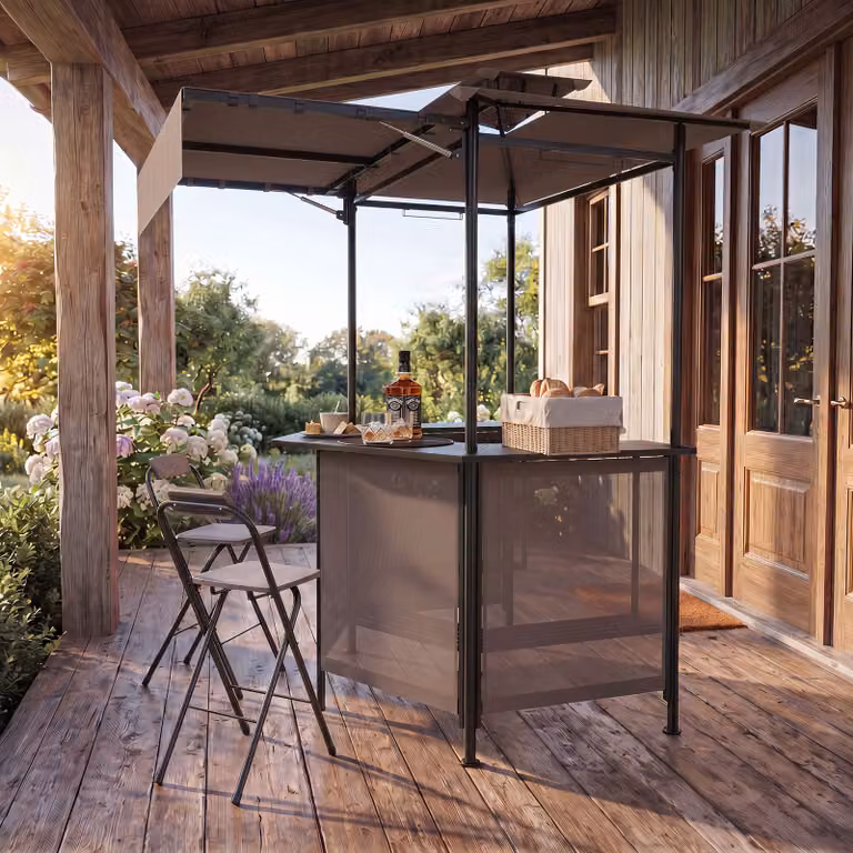 Gazebo da esterno Costway marrone con tavolo da bar, 4 ripiani in metallo e 2 sgabelli pieghevoli per barbecue da giardino