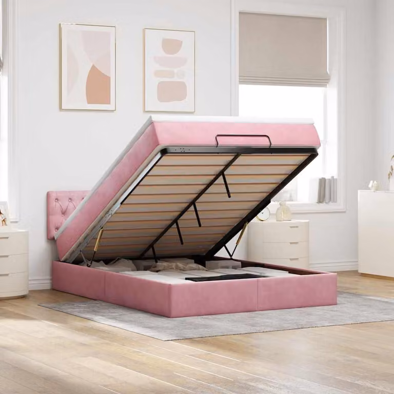 Letto con Pouf e Materasso vidaXL in Velluto Rosa e Bianco, con Base a Sollevamento, Illuminazione Sotto il Letto e Porte USB, L/P/H: 200 x 140 x 88 cm