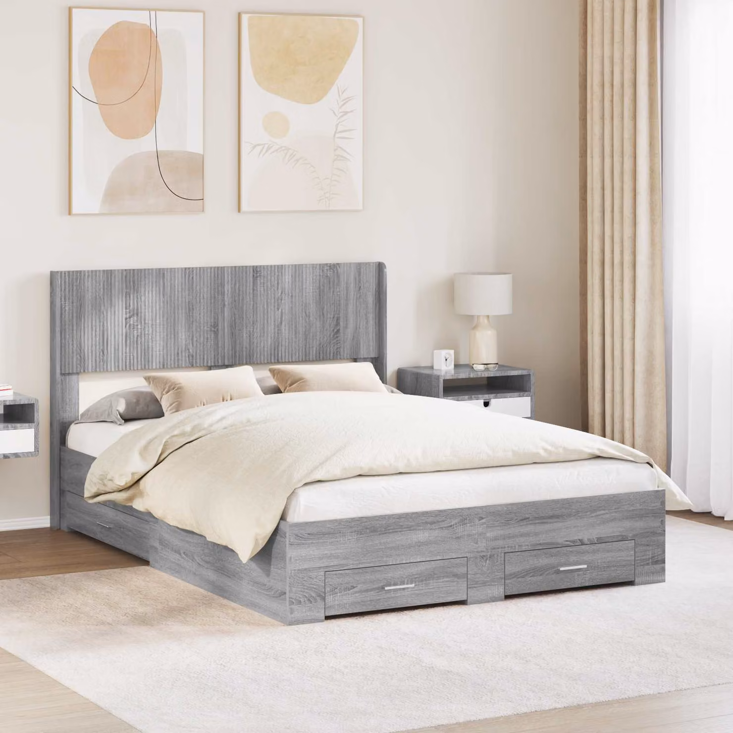 Struttura del letto con stoccaggio e testata vidaXL in legno Sonoma grigio, L/P/H: 200 x 140 x 126,5 cm