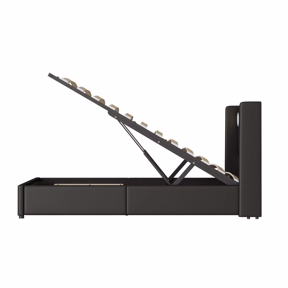 Letto imbottito contenitore Minimal in similpelle nero con LED e porta USB L/P/H: 212.5 x 90 x 103 cm – 2