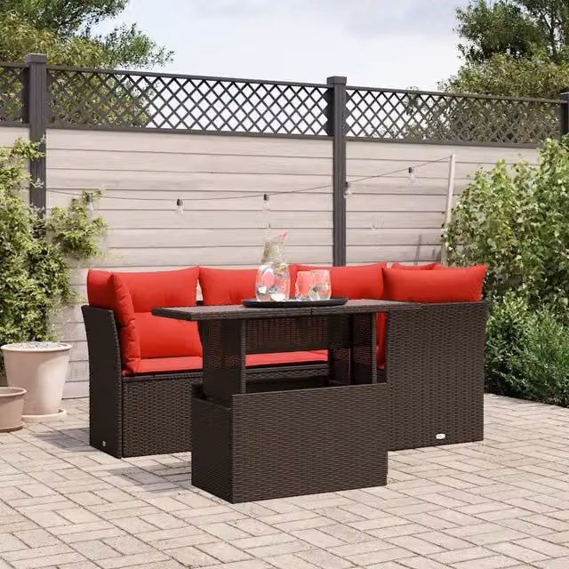 Set Divani da Giardino 5 pz con Cuscini Marrone in Polyrattan 3266564