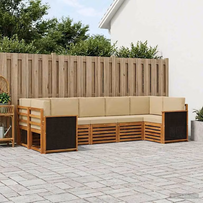 Set di divani da esterno vidaXL 6 pz in legno di acacia con cuscini, forma a L, colore marrone e beige