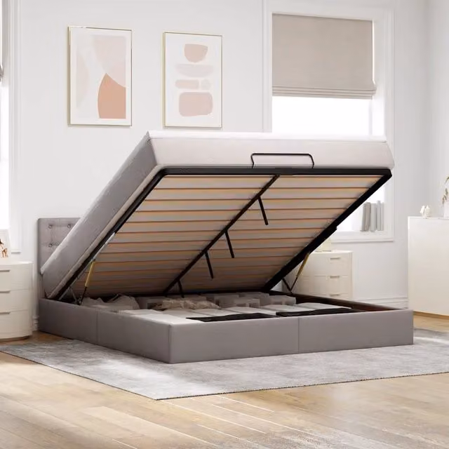 Letto con contenitore a sollevamento vidaXL in tessuto beige e grigio con illuminazione LED sottostante e porta di ricarica USB L: 180 cm, P: 200 cm, H: 88 cm
