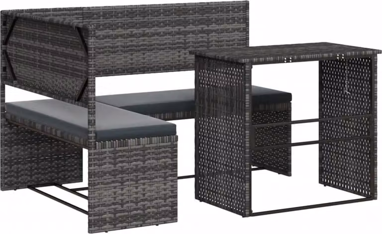 Divano da Giardino con Tavolo e Cuscini a L Grigio Polyrattan