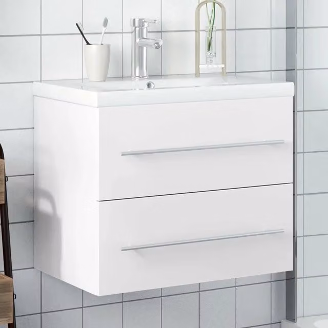 Mobile da bagno moderno vidaXL sospeso in legno e ceramica bianca con lavabo e cassetti L: 60.0 cm, P: 38.5 cm, H: 48.0 cm