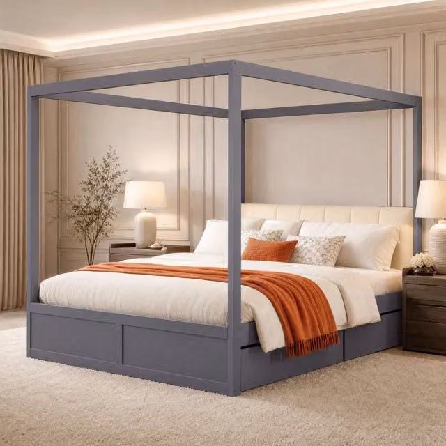Letto a casetta 140x200 cm in legno grigio con testiera imbottita e 2 cassetti