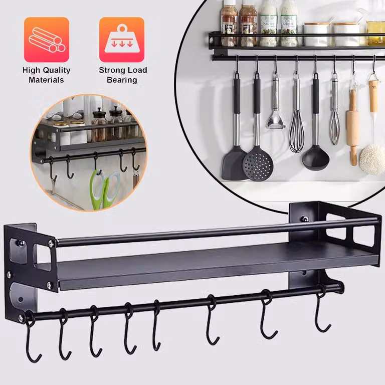 Portaspezie da parete - Scaffale da cucina montabile a parete - Portaoggetti - 8 ganci - Acciaio inossidabile - Versatile e multifunzionale
