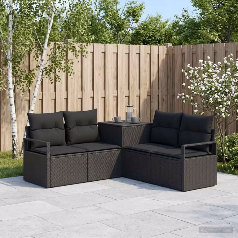Set di divani da giardino vidaXL a forma di L in polyrattan e metallo nero con cuscini inclusi