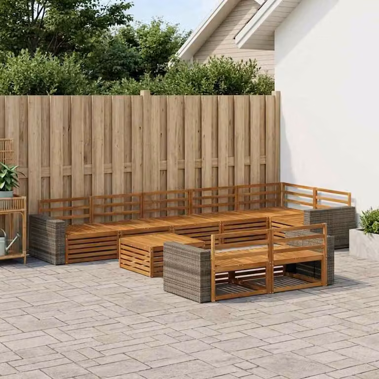 Set di divani da esterno vidaXL 9 pz in legno di acacia marrone con cuscini inclusi a forma di U per giardino e terrazza