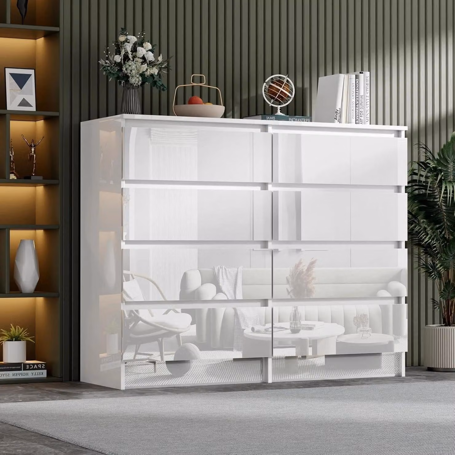 Comodino lucido bianco con 8 cassetti, dimensioni 120x99x40 cm. Ideale per riporre oggetti in camera da letto, soggiorno, ufficio o ingresso