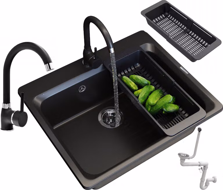 Granitan - Lavello in granito - Lavello da cucina - 62x52x20 cm - Nero - con rubinetteria BETA e scolapiatti - ZANTE