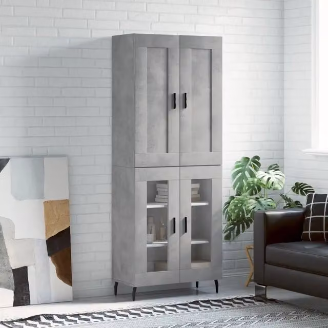 Credenza moderna vidaXL in legno, metallo e vetro, colore grigio, L: 69,5 cm, P: 34 cm, H: 180 cm