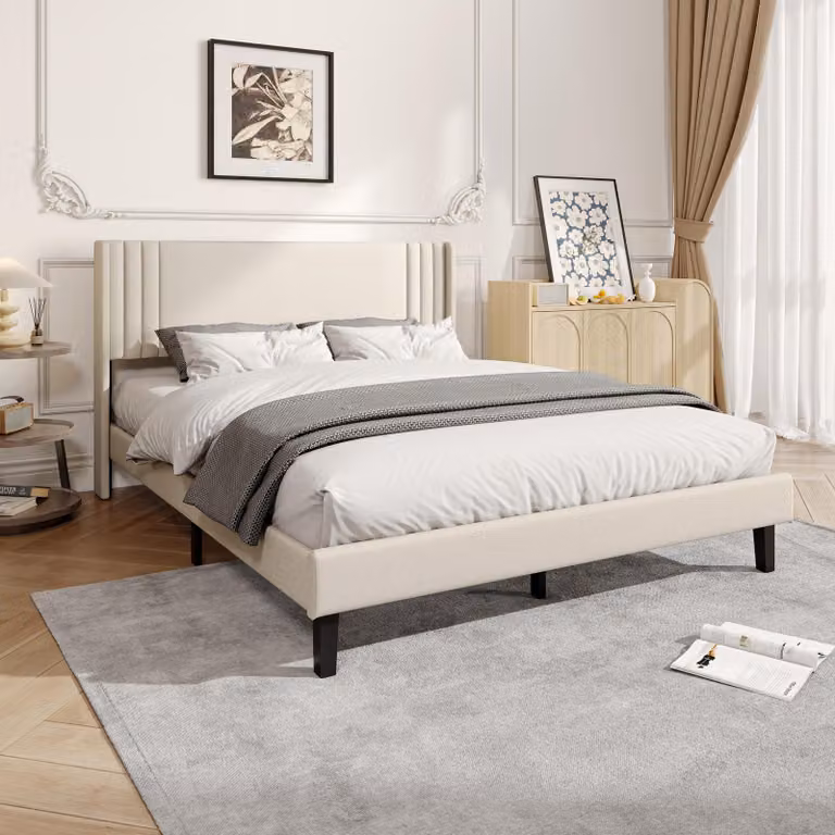 Letto imbottito ProximaX 160x200 cm in lino beige, testiera morbida ad ali, robusto telaio in metallo con rete a doghe, ampio vano contenitore sotto il letto, letto moderno e confortevole per la camera da letto e la camera degli ospiti