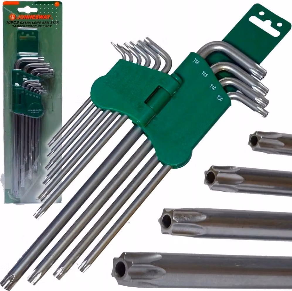 Set di 10 pezzi di chiavi torx Jonnesway tipo "l" con foro extra lungo h08s110s