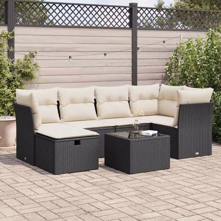 Set Divano da Giardino a L vidaXL in Polyrattan Nero con 7 Pezzi e Cuscini Imbottiti