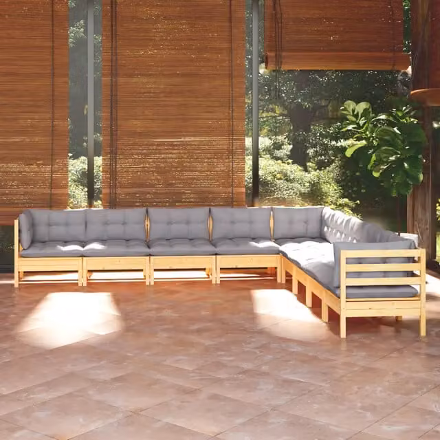 Set Divani da Giardino 9 pz con Cuscini Grigi Massello di Pino 3096814