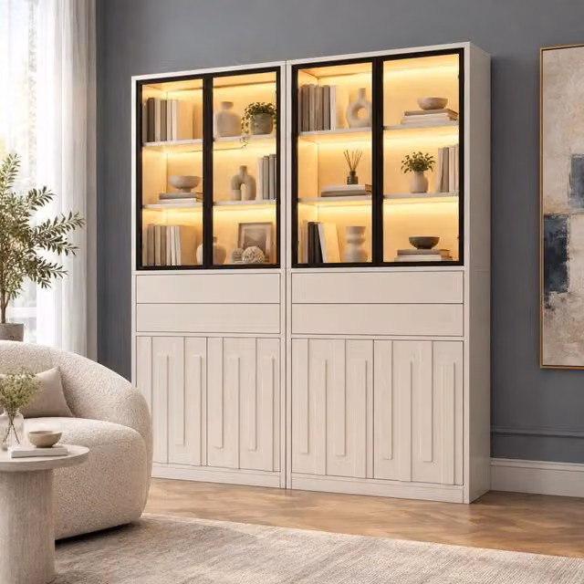 Set di 2 vetrine con illuminazione LED Bluetooth in truciolare bianco