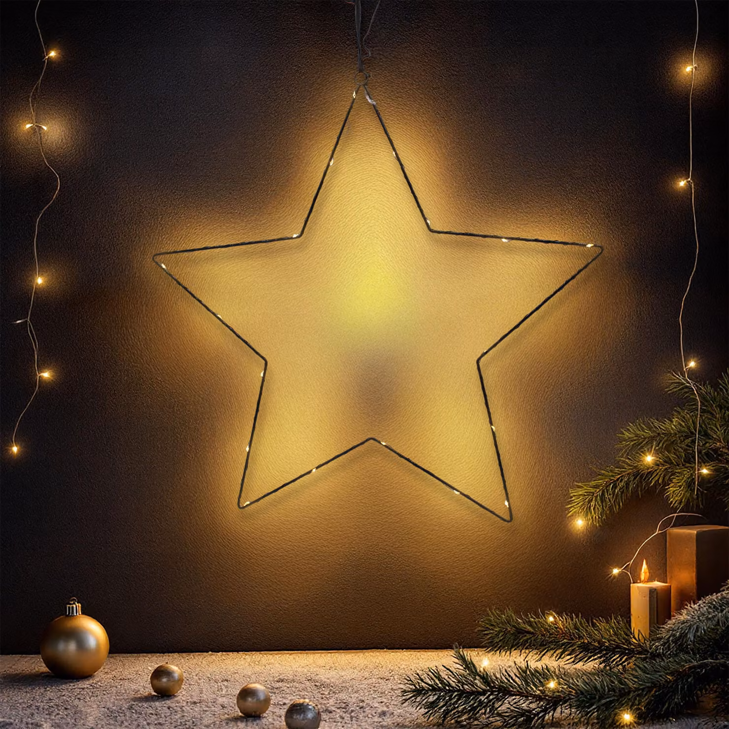 Stella illuminata in metallo da appendere nera con timer - 20 LED - Stella Silhouette 50 cm illuminata bianco caldo a batteria