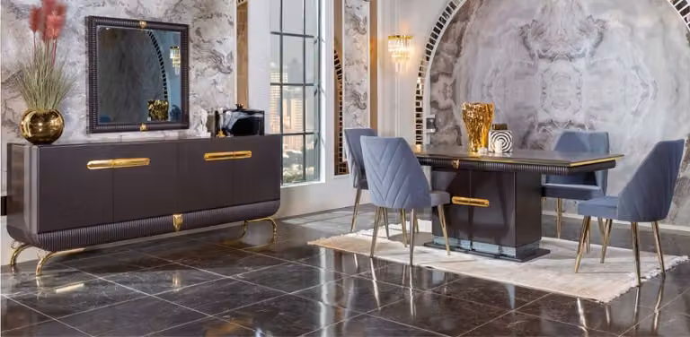 Esszimmer Edelstahl Garnitur Designer Esstisch 4x Stühle Kommode 7tlg